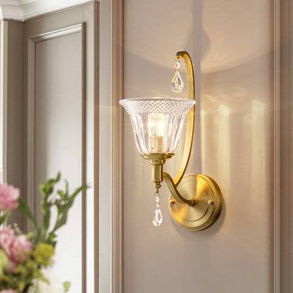 Curved Pole Cup Shape Copper Glass 1-Light Wall Sconce Lamp