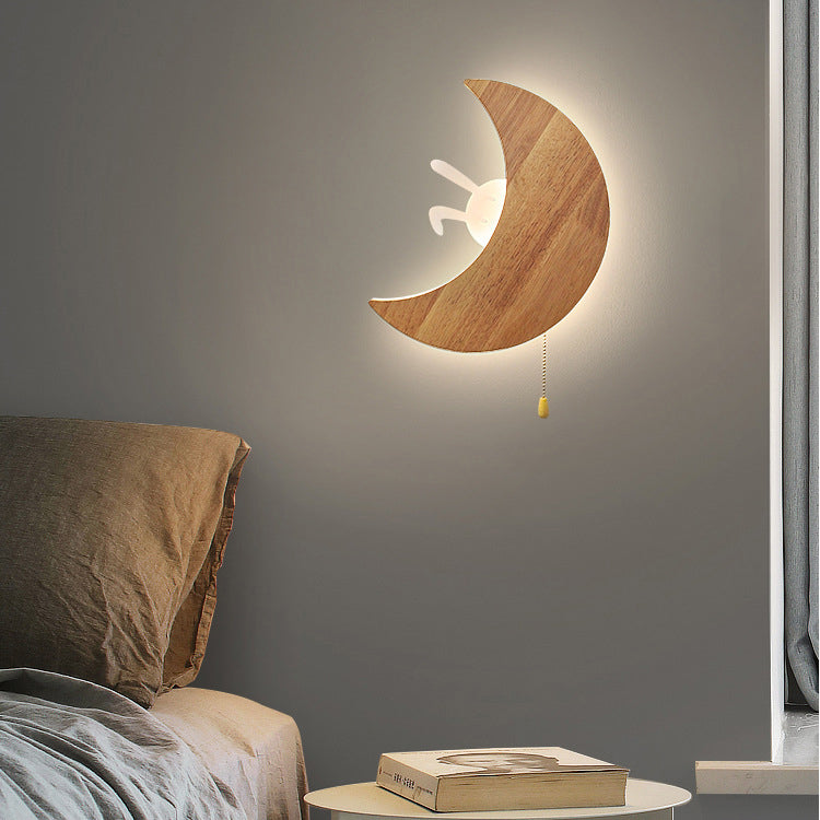 Minimalist Moon Bunny Wood Acrylic LED Wall Sconce Lamp