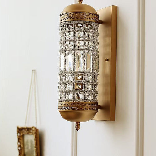 Cylinder Iron Frame Crystal Shade 1-Light Wall Sconce Lamp