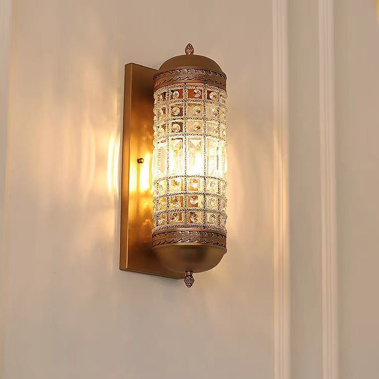 Cylinder Iron Frame Crystal Shade 1-Light Wall Sconce Lamp