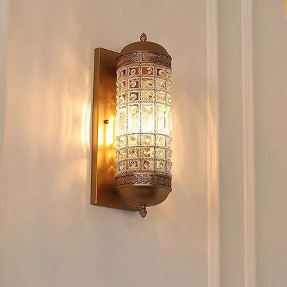Cylinder Iron Frame Crystal Shade 1-Light Wall Sconce Lamp