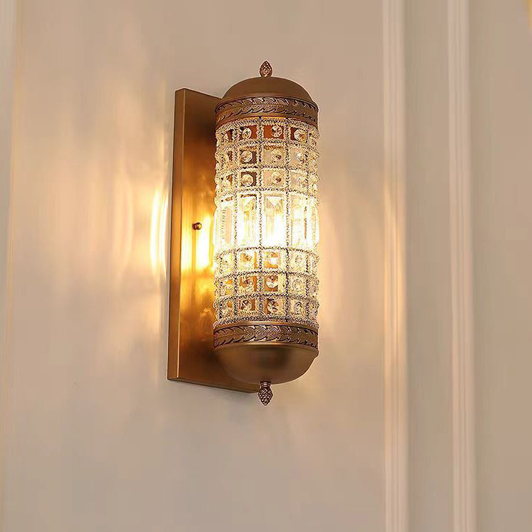 Cylinder Iron Frame Crystal Shade 1-Light Wall Sconce Lamp