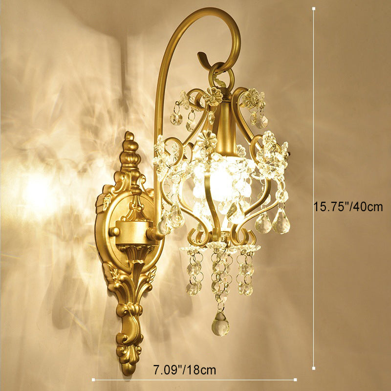 French Rod Iron Frame Crystal 1-Light Wall Sconce Lamp