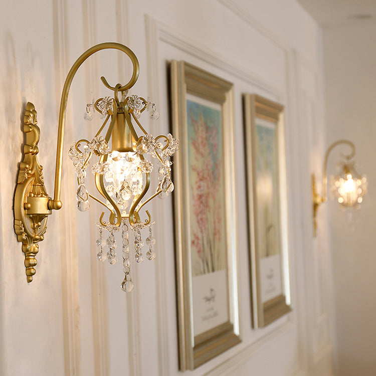 French Rod Iron Frame Crystal 1-Light Wall Sconce Lamp