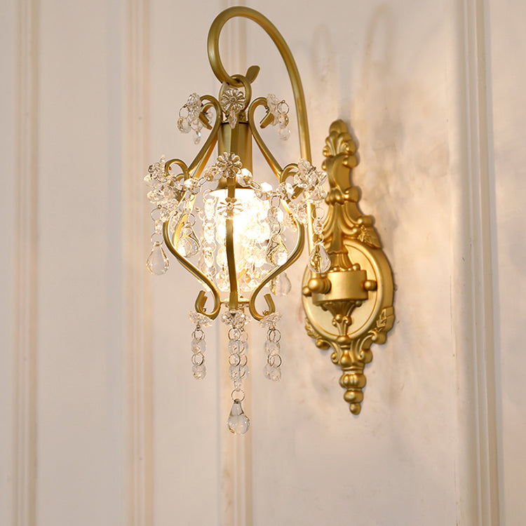 French Rod Iron Frame Crystal 1-Light Wall Sconce Lamp