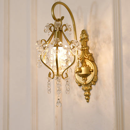 French Rod Iron Frame Crystal 1-Light Wall Sconce Lamp