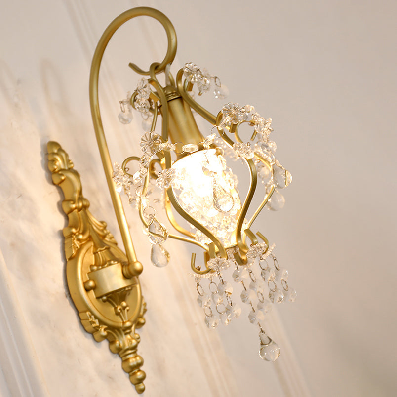 French Rod Iron Frame Crystal 1-Light Wall Sconce Lamp
