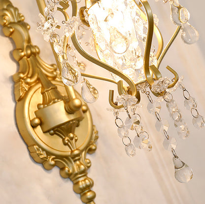 French Rod Iron Frame Crystal 1-Light Wall Sconce Lamp