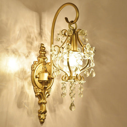 French Rod Iron Frame Crystal 1-Light Wall Sconce Lamp