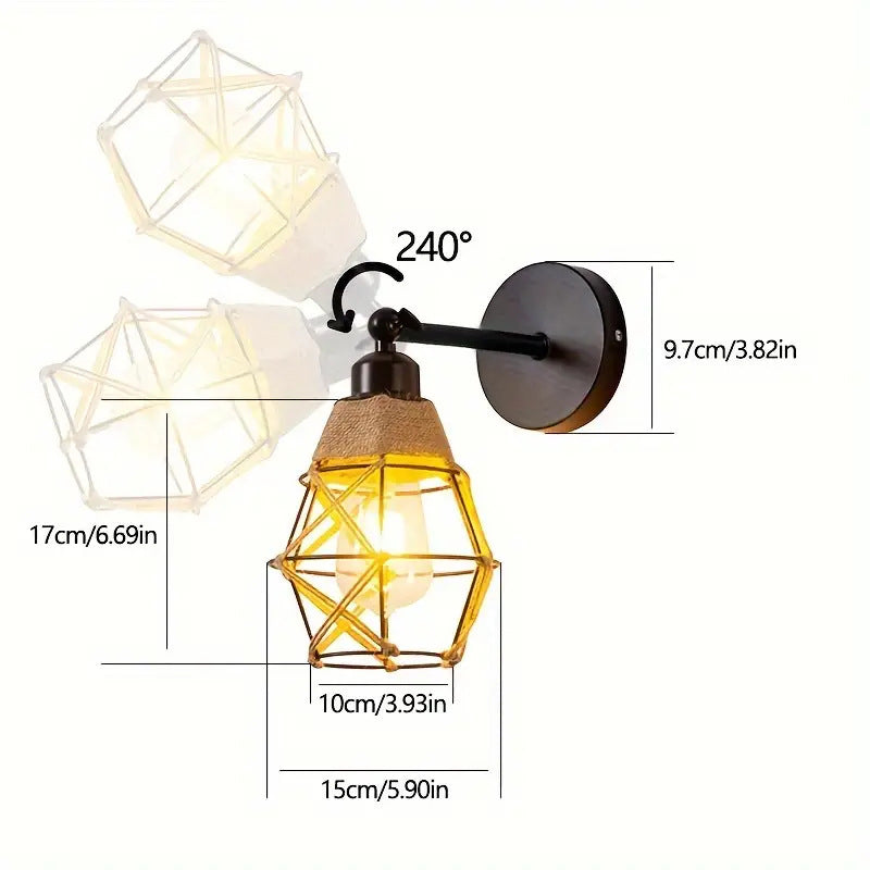 Round Iron Cage Hemp Rope 1-Light Wall Sconce Lamp