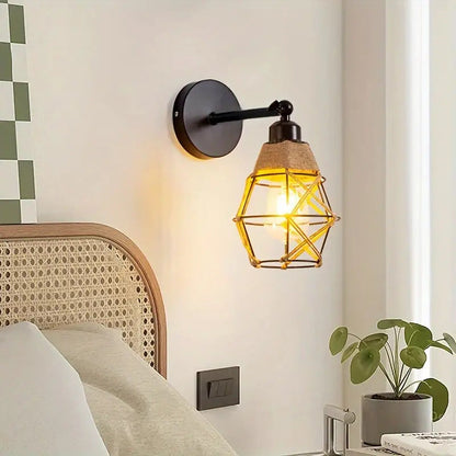 Round Iron Cage Hemp Rope 1-Light Wall Sconce Lamp