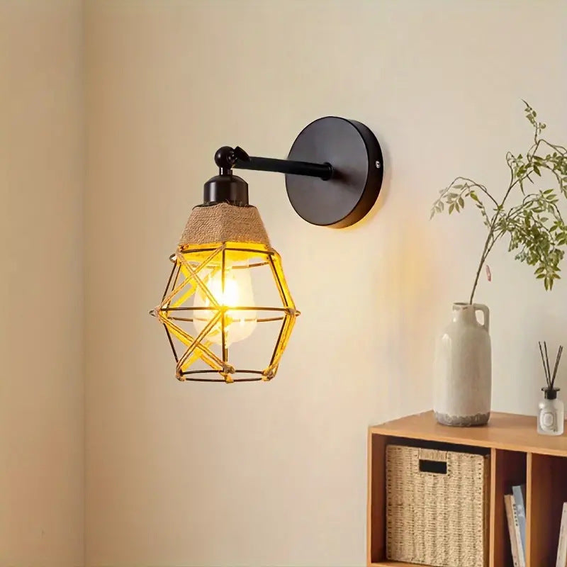 Round Iron Cage Hemp Rope 1-Light Wall Sconce Lamp