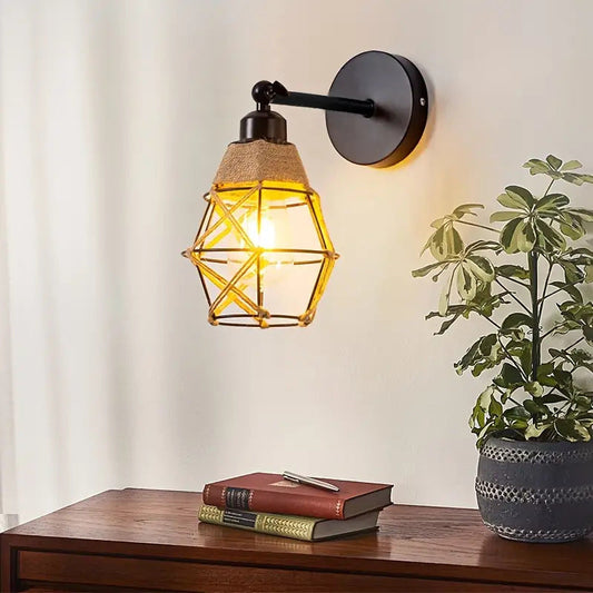 Round Iron Cage Hemp Rope 1-Light Wall Sconce Lamp