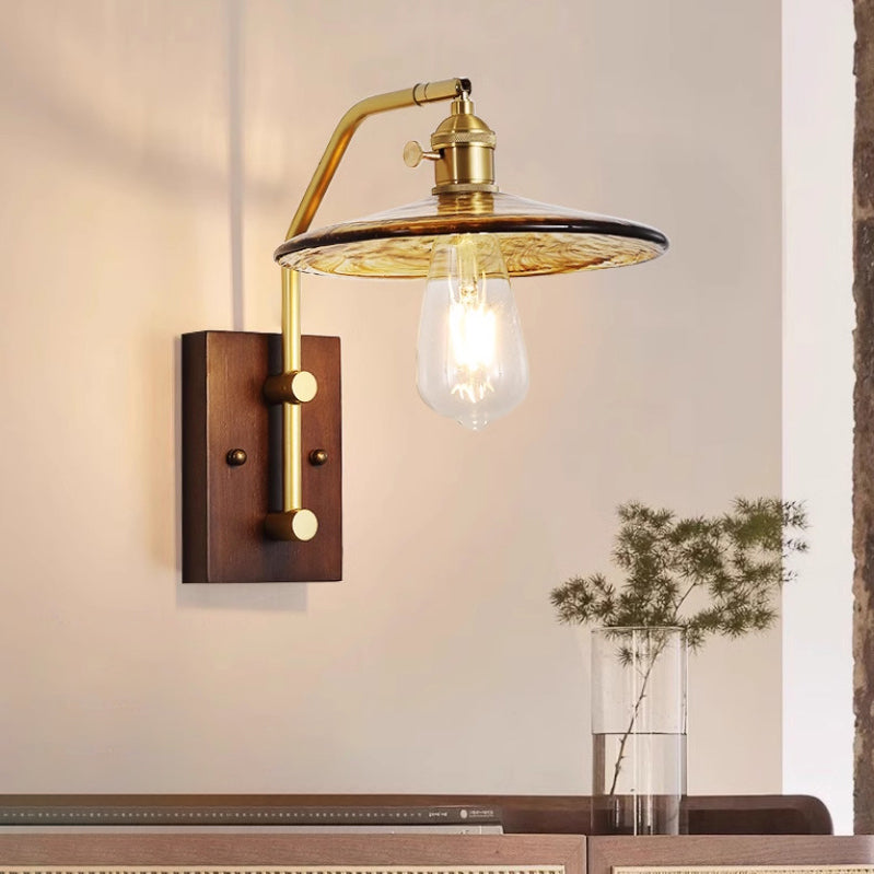 Round Frame Wood Base Glass Shade 1-Light Wall Sconce Lamp