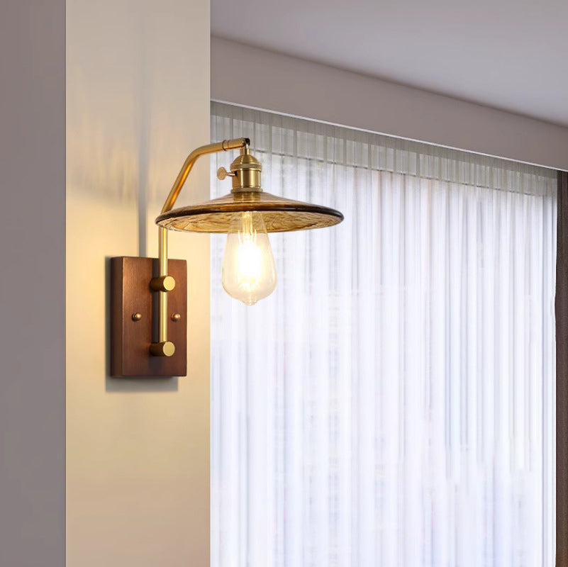 Round Frame Wood Base Glass Shade 1-Light Wall Sconce Lamp