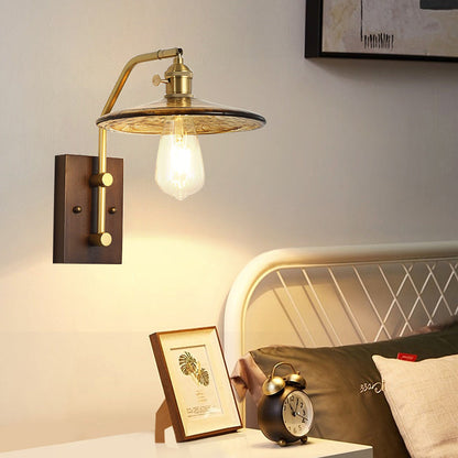 Round Frame Wood Base Glass Shade 1-Light Wall Sconce Lamp