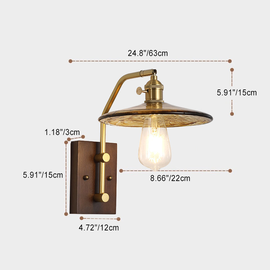 Round Frame Wood Base Glass Shade 1-Light Wall Sconce Lamp