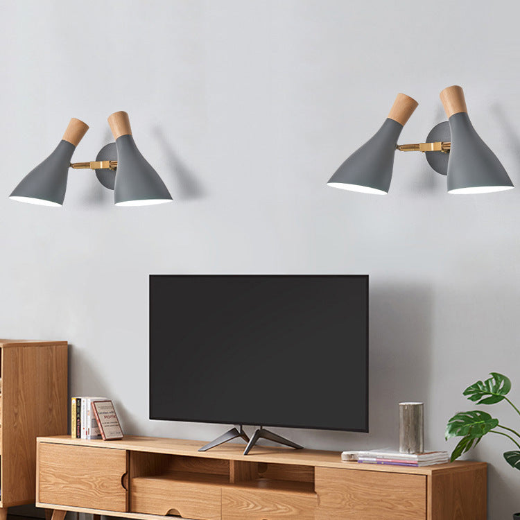 Round Horn Shape Iron Wood 2-Light Wall Sconce Lamp