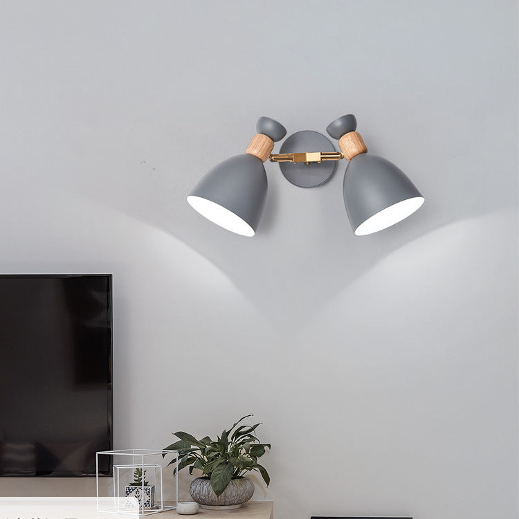 Round Horn Shape Iron Wood 2-Light Wall Sconce Lamp
