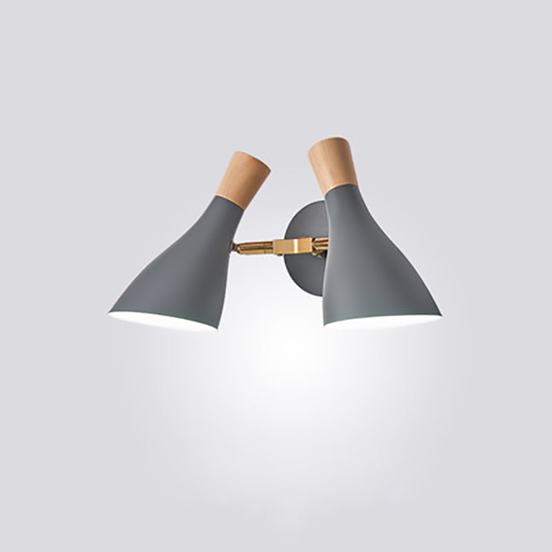 Round Horn Shape Iron Wood 2-Light Wall Sconce Lamp
