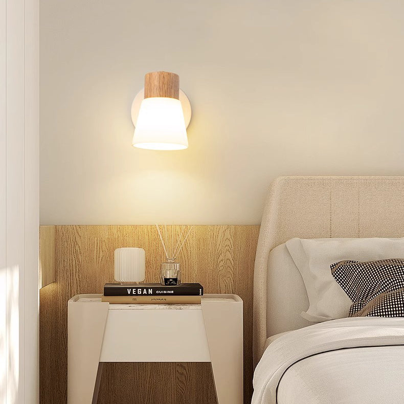 Cylinder Wood Glass Shade 1/2 Light Wall Sconce Lamp