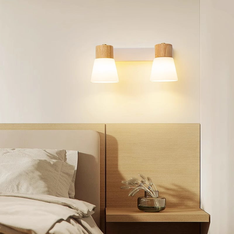 Cylinder Wood Glass Shade 1/2 Light Wall Sconce Lamp