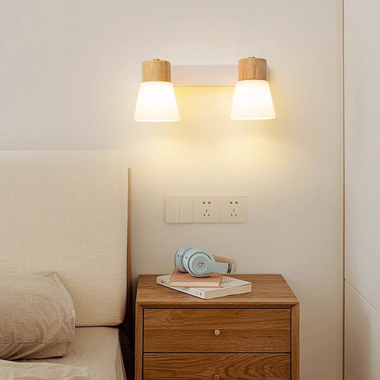 Cylinder Wood Glass Shade 1/2 Light Wall Sconce Lamp
