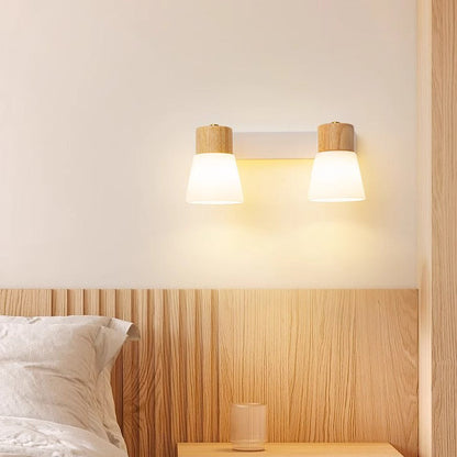 Cylinder Wood Glass Shade 1/2 Light Wall Sconce Lamp