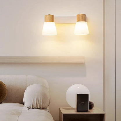 Cylinder Wood Glass Shade 1/2 Light Wall Sconce Lamp