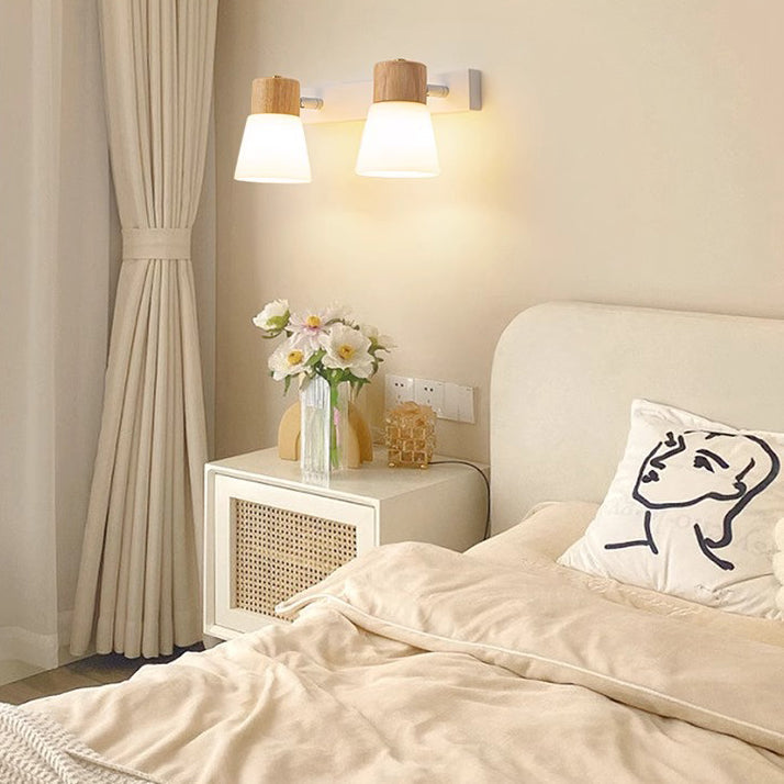 Cylinder Wood Glass Shade 1/2 Light Wall Sconce Lamp