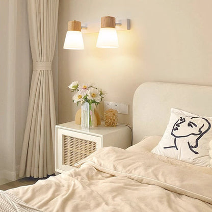 Cylinder Wood Glass Shade 1/2 Light Wall Sconce Lamp