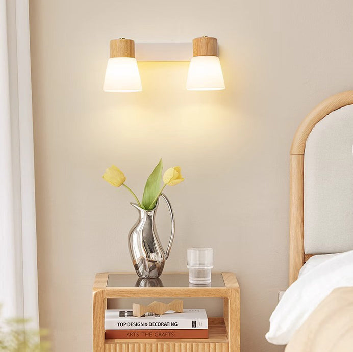 Cylinder Wood Glass Shade 1/2 Light Wall Sconce Lamp