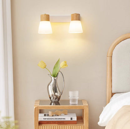 Cylinder Wood Glass Shade 1/2 Light Wall Sconce Lamp