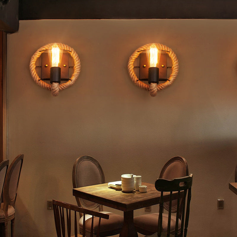 Round Oval Hardware Hemp Rope 1-Light Wall Sconce Lamp