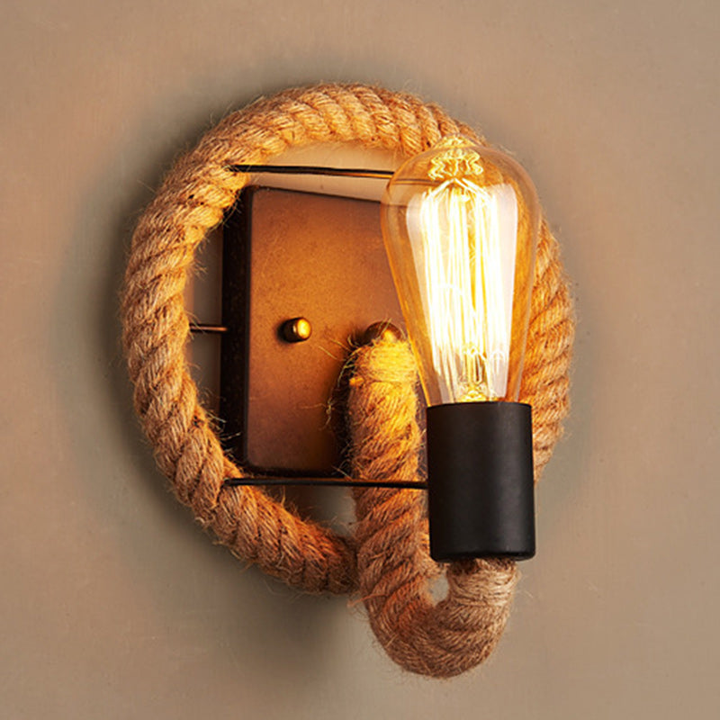 Round Oval Hardware Hemp Rope 1-Light Wall Sconce Lamp