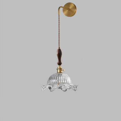 Japanese Flower Brass Glass Shade 1-Light Wall Sconce Lamp