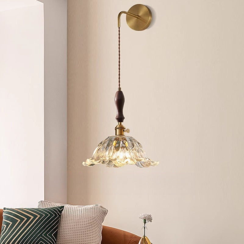 Japanese Flower Brass Glass Shade 1-Light Wall Sconce Lamp