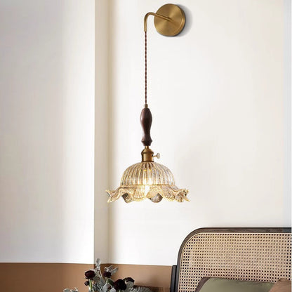 Japanese Flower Brass Glass Shade 1-Light Wall Sconce Lamp