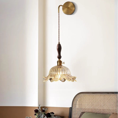 Japanese Flower Brass Glass Shade 1-Light Wall Sconce Lamp