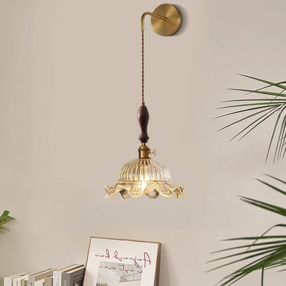 Japanese Flower Brass Glass Shade 1-Light Wall Sconce Lamp