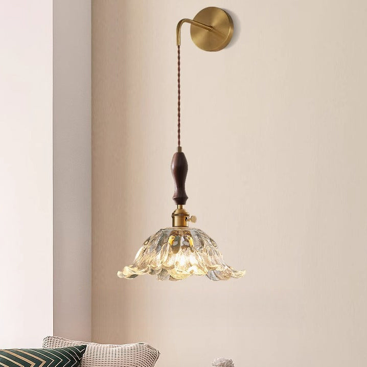 Japanese Flower Brass Glass Shade 1-Light Wall Sconce Lamp