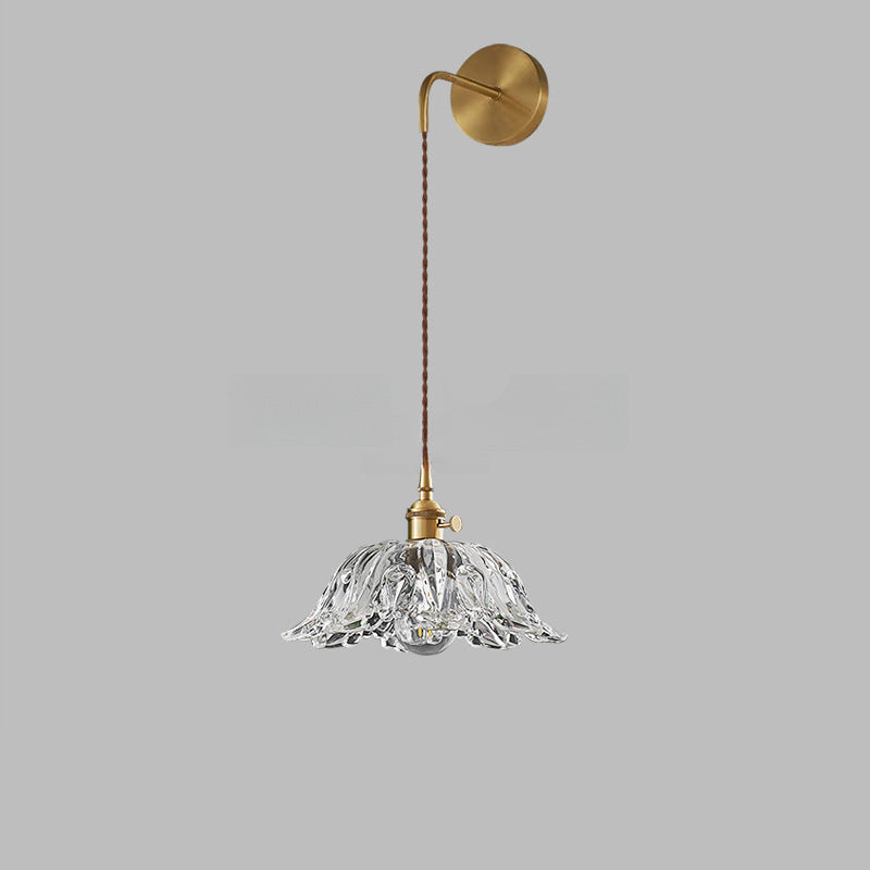 Japanese Flower Brass Glass Shade 1-Light Wall Sconce Lamp