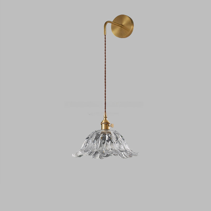 Japanese Flower Brass Glass Shade 1-Light Wall Sconce Lamp