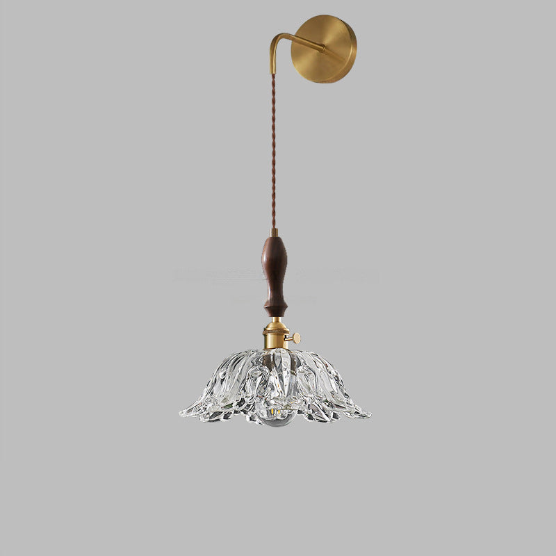 Japanese Flower Brass Glass Shade 1-Light Wall Sconce Lamp