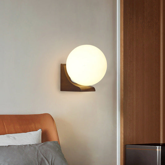Minimalist Globe Rubberwood Glass 1-Light Wall Sconce Lamp