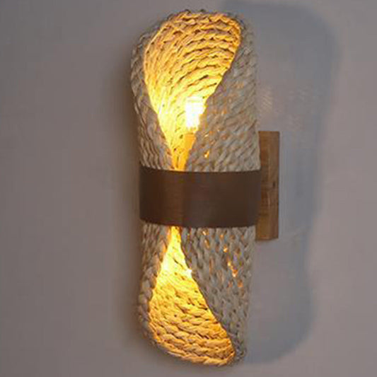 Japanese Oval Handmade Rattan 2-Light Wall Sconce Lamp