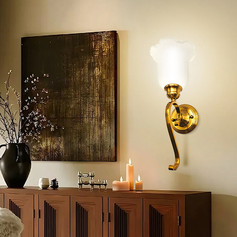 Curved Flower Glass Shade Iron 1-Light Wall Sconce Lamp