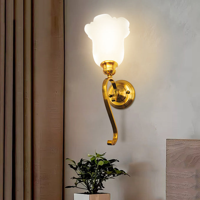 Curved Flower Glass Shade Iron 1-Light Wall Sconce Lamp