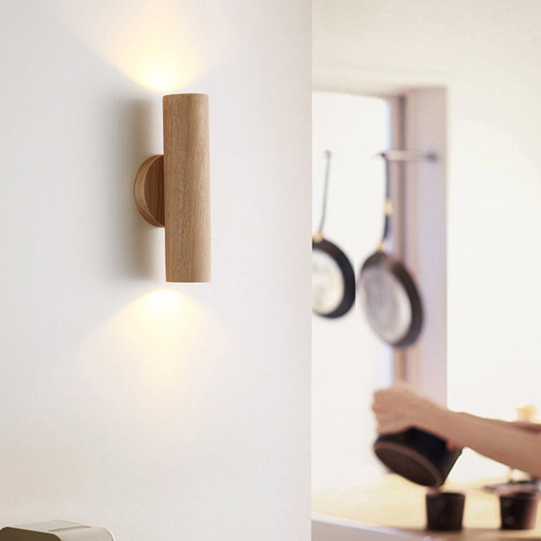 Cylinder Wood Grain Rubberwood LED Wall Sconce Lamp