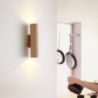 Cylinder Wood Grain Rubberwood LED Wall Sconce Lamp